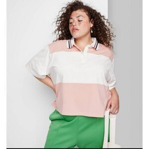 216 Wild Fable Cropped Rugby Polo Shirt Pink & White Striped Short Sleeve Top
